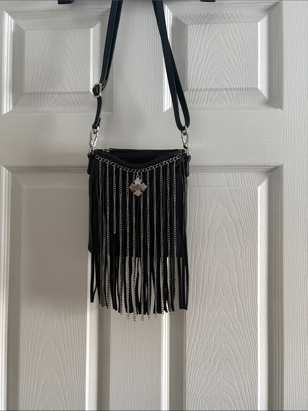 Harley-Davidson Black Fringe Crossbody with Silver Chain Accents